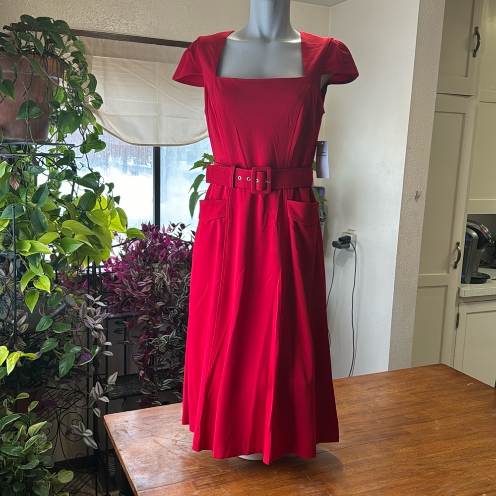 NWT Donna Ricco Womens’ Ruffle Belted Cap Sleeve Square Neck Dress